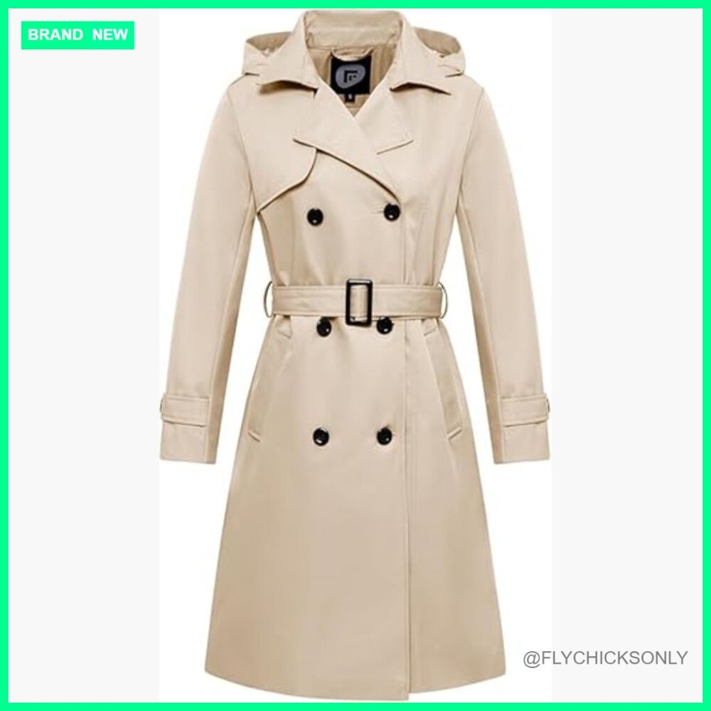 Waterproof Long Trench Coat Double Breasted Windbreaker with Detachable Hood - Picture 1 of 6
